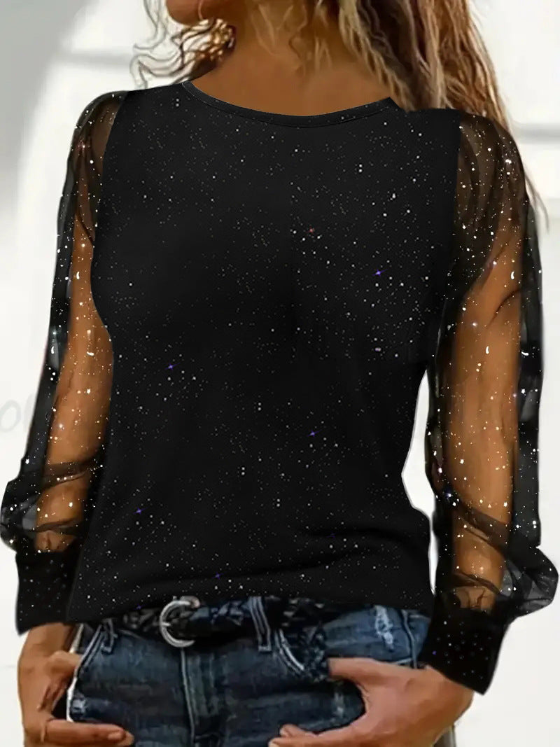 Damen elegantes Oberteil mit glitzernden transparenten Ärmeln Stalluxe