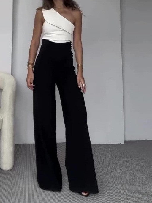 Damen Einseitiger Jumpsuit mit weitem Bein und dekorativem Ausschnitt Stalluxe