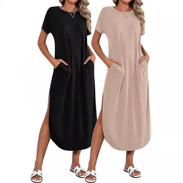 Damen Lässiges Maxikleid mit seitlichem Schlitz und feinem Rundhalsausschnitt Stalluxe