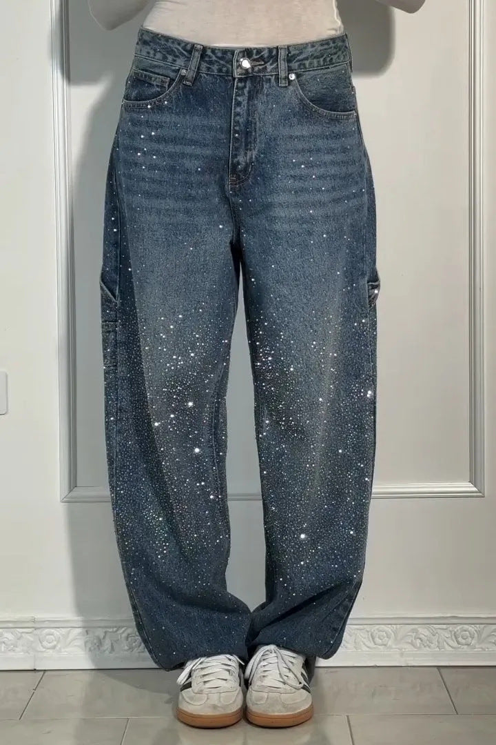 Damen modische Mom-Jeans mit schimmernden Details Stalluxe
