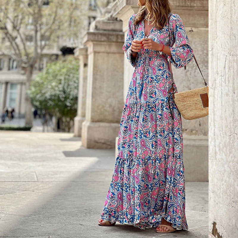 Damen Maxikleid mit gebundenem V-Ausschnitt und voluminösen Ärmeln Stalluxe