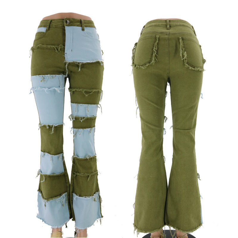 Damen Bootcut-Jeans mit modernem Patchwork-Design und lässigen Fransen Stalluxe