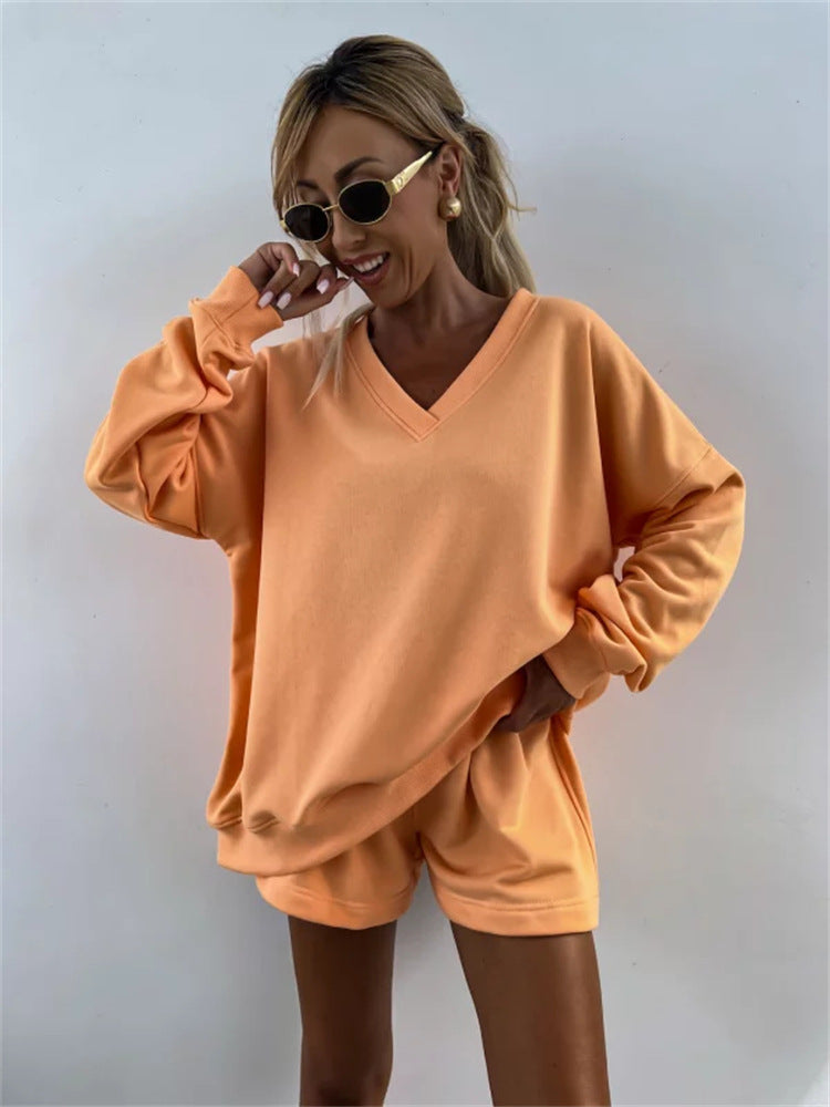 Damen lässiges V-Ausschnitt Sweatshirt und kurze Sporthosen Set Stalluxe