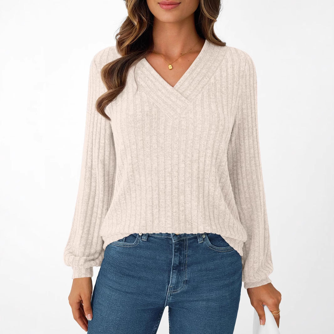Damen gemütliches Langarmshirt mit strukturiertem V-Ausschnitt Stalluxe
