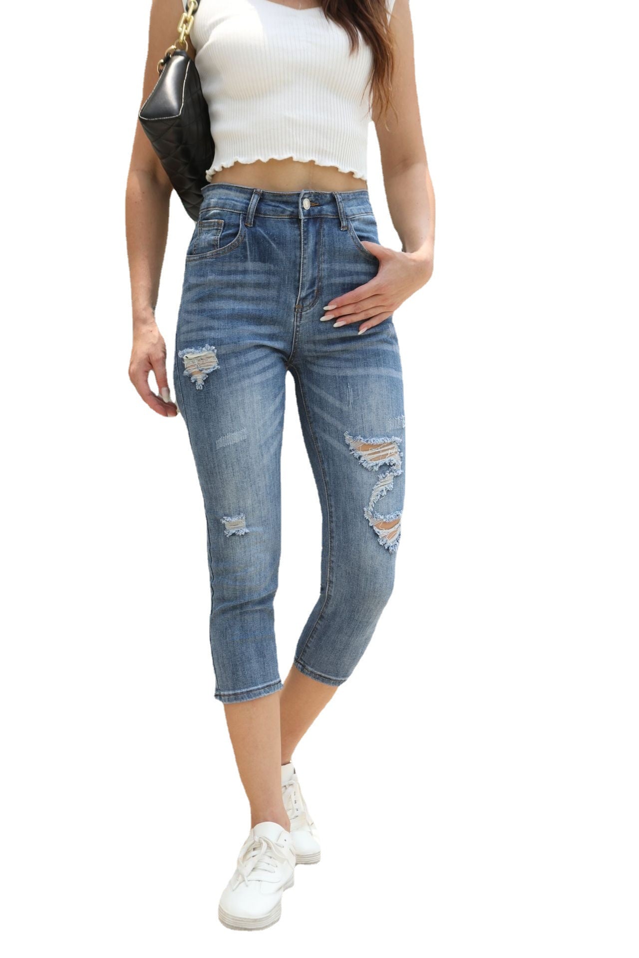 Damen lässige Capri-Jeans mit Vintage-Rissen und hohem Bund Stalluxe