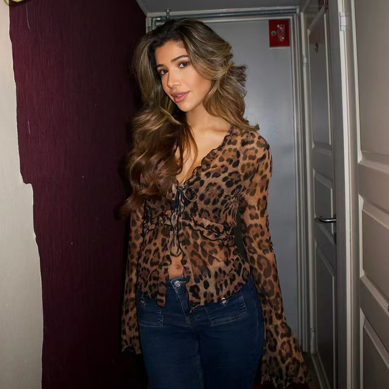 Damen langärmelige Bluse mit Leopardenprint und Bindeband Stalluxe