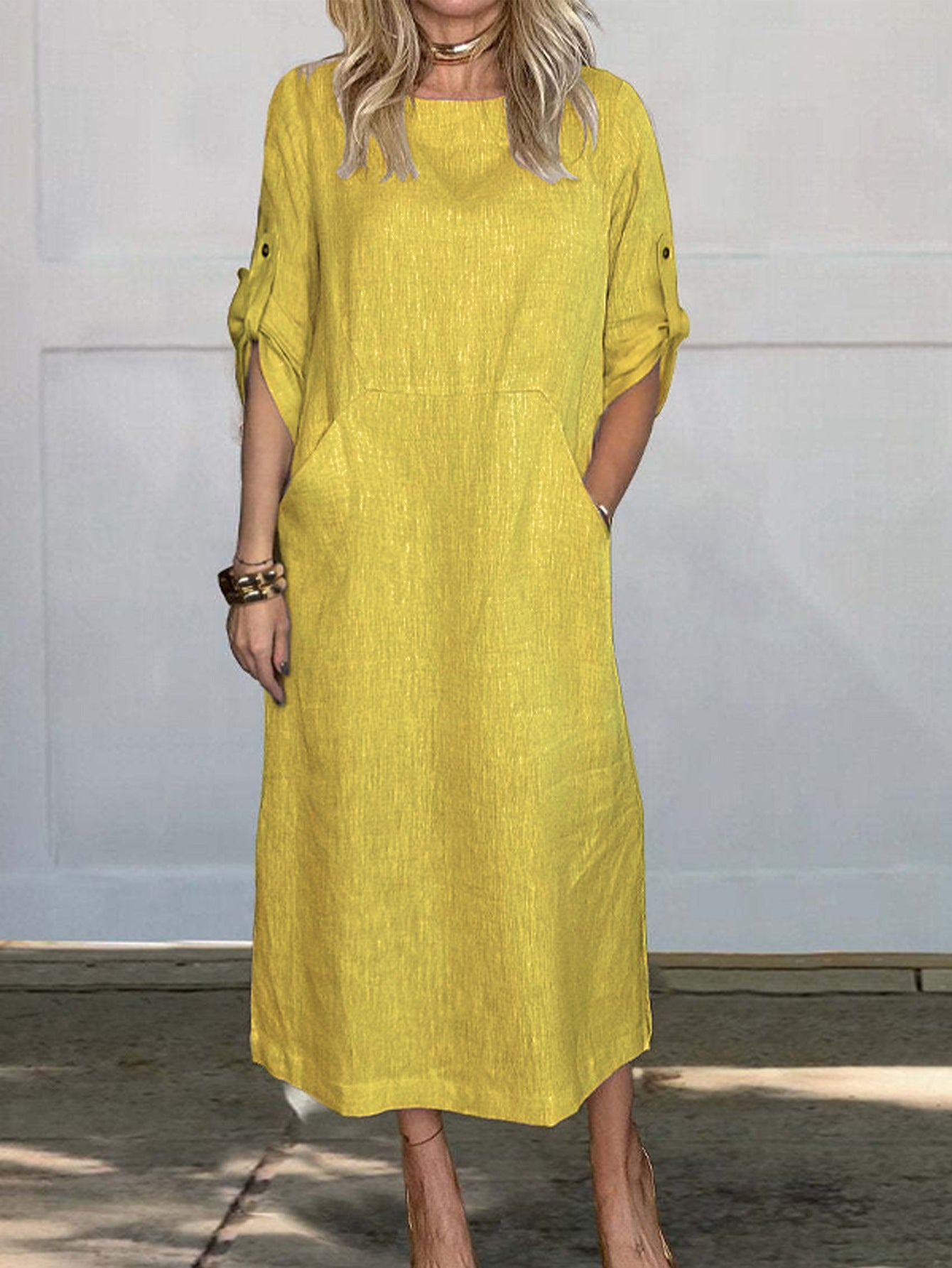 Damen luftiges Midi-Kleid mit praktischen Taschen und umschlagbaren Ärmeln Stalluxe
