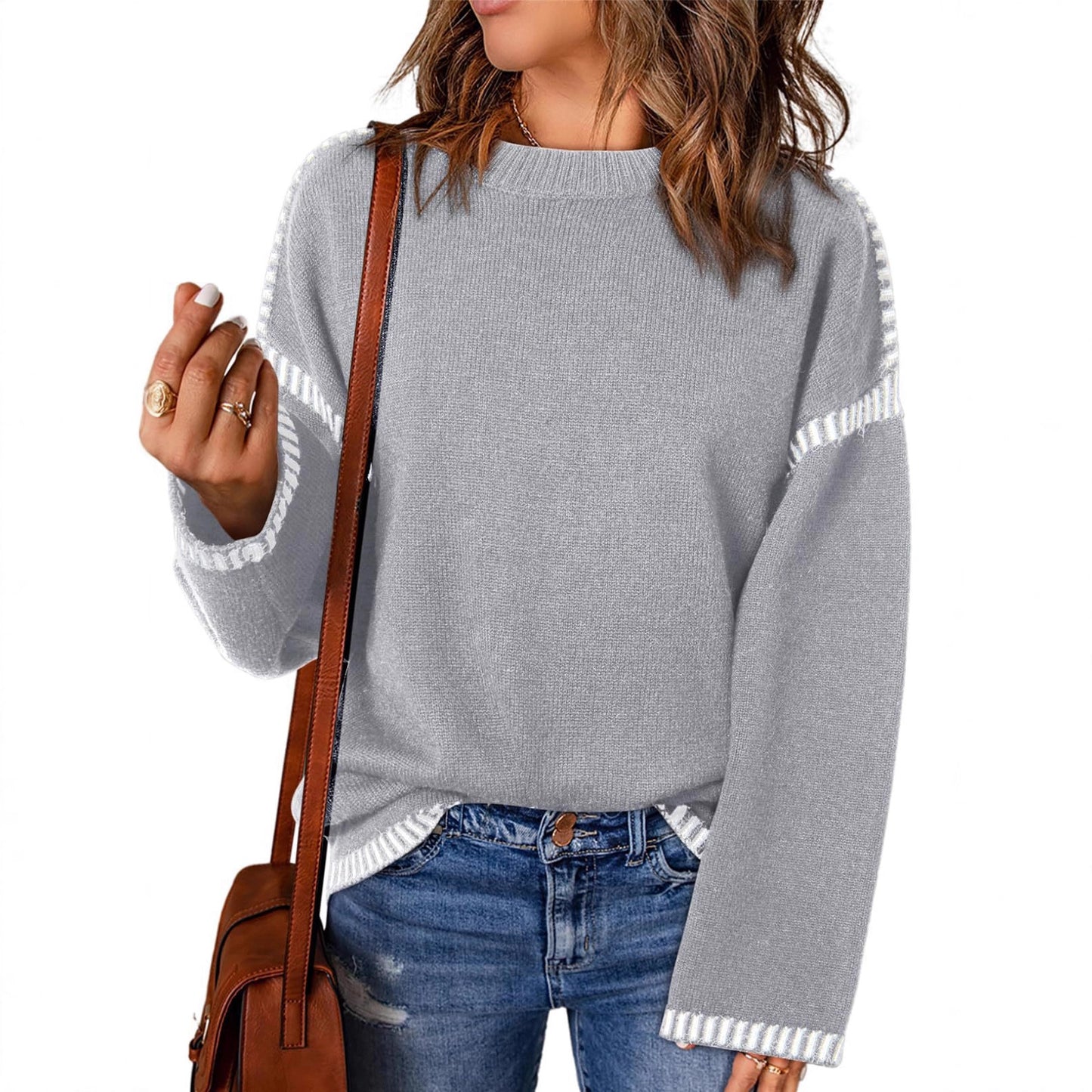 Damen Grobstrickpullover mit modischem Kontrastsaum und weiten Ärmeln Stalluxe