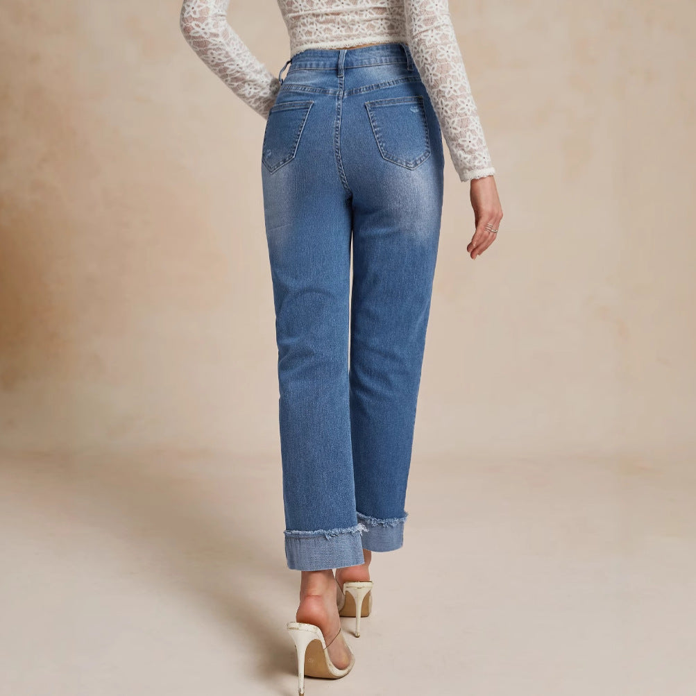 Damen elegante High-Waist Jeans mit modischem Used-Look Stalluxe