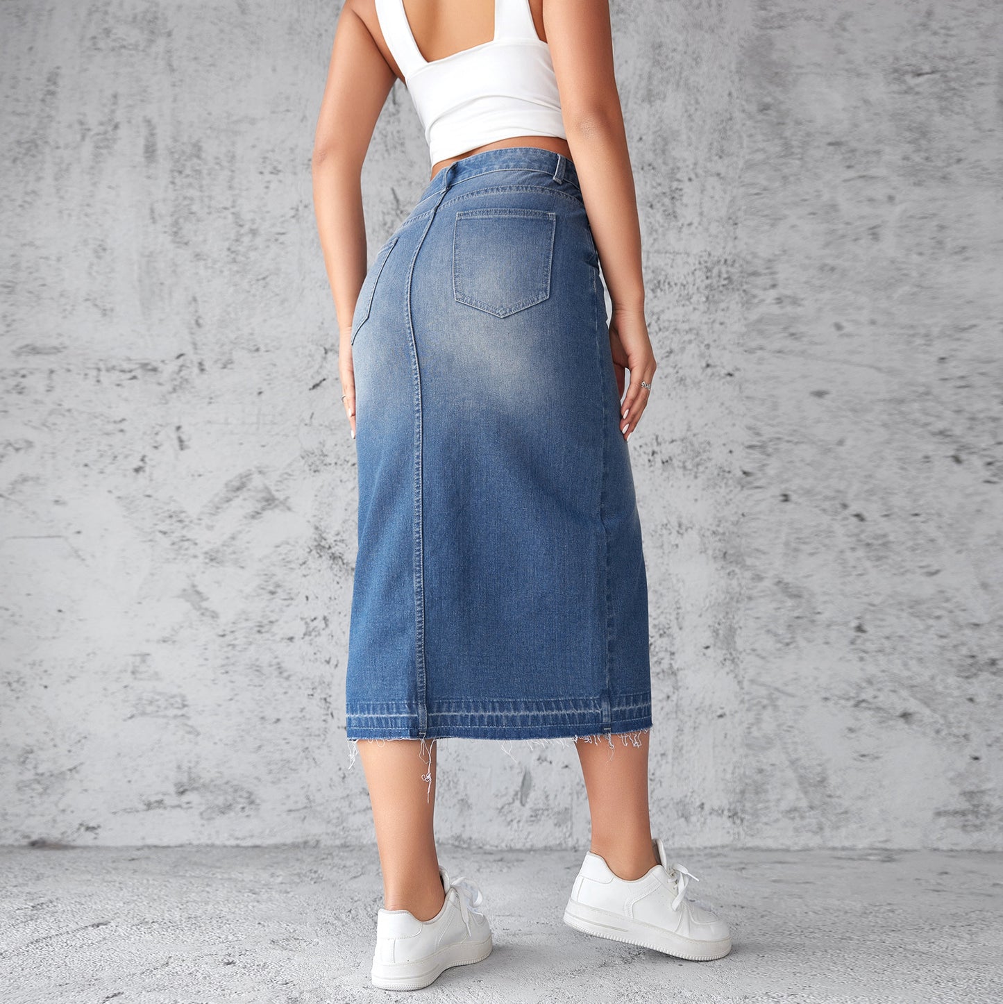 Damen Jeansrock mit hoch geschnittenem Schlitz und fransigem Saum Stalluxe