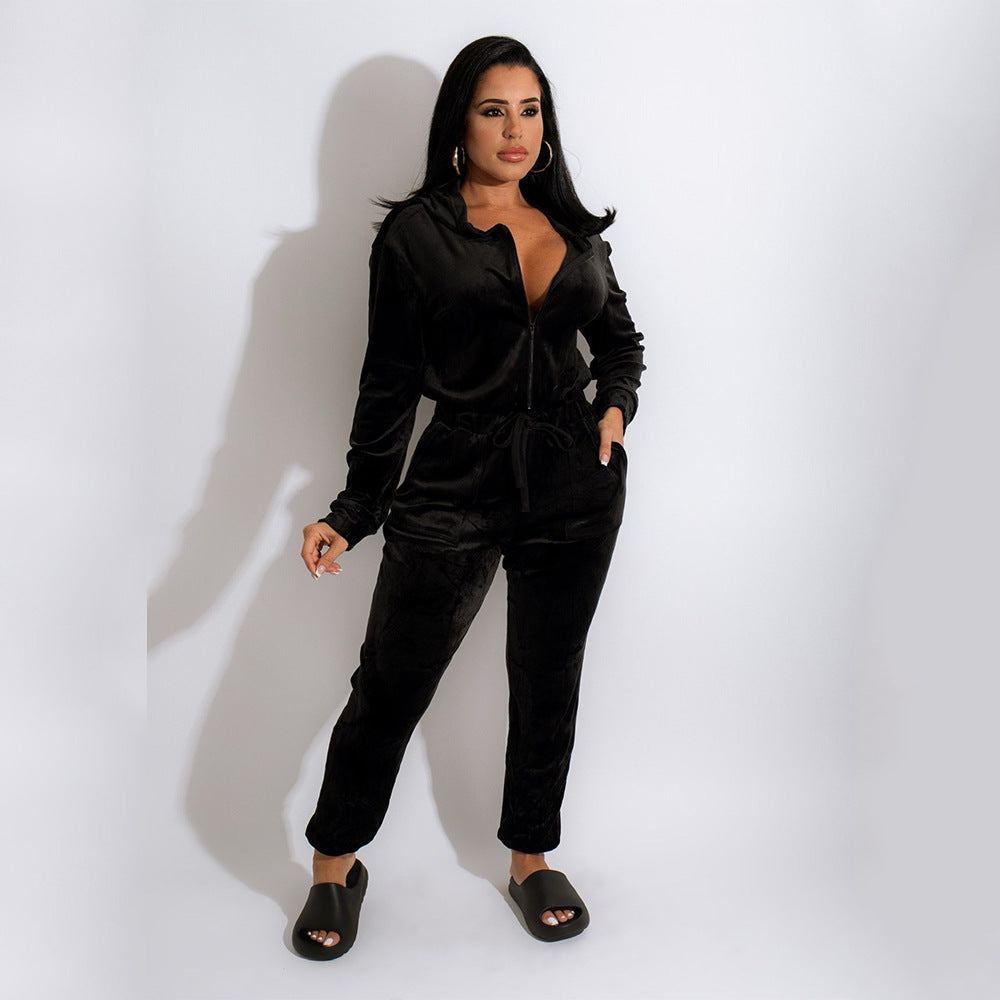 Damen Fleece-Jumpsuit mit Kapuze und elastischem Bund Stalluxe