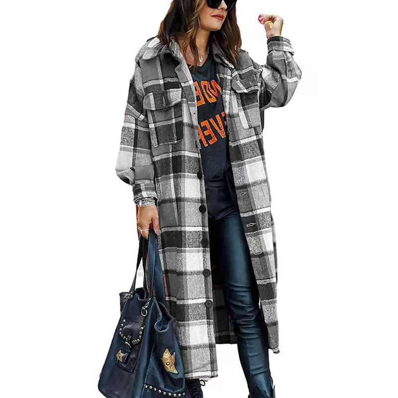 Damen Langarm-Wolljacke mit Karomuster und praktischen Taschen Stalluxe