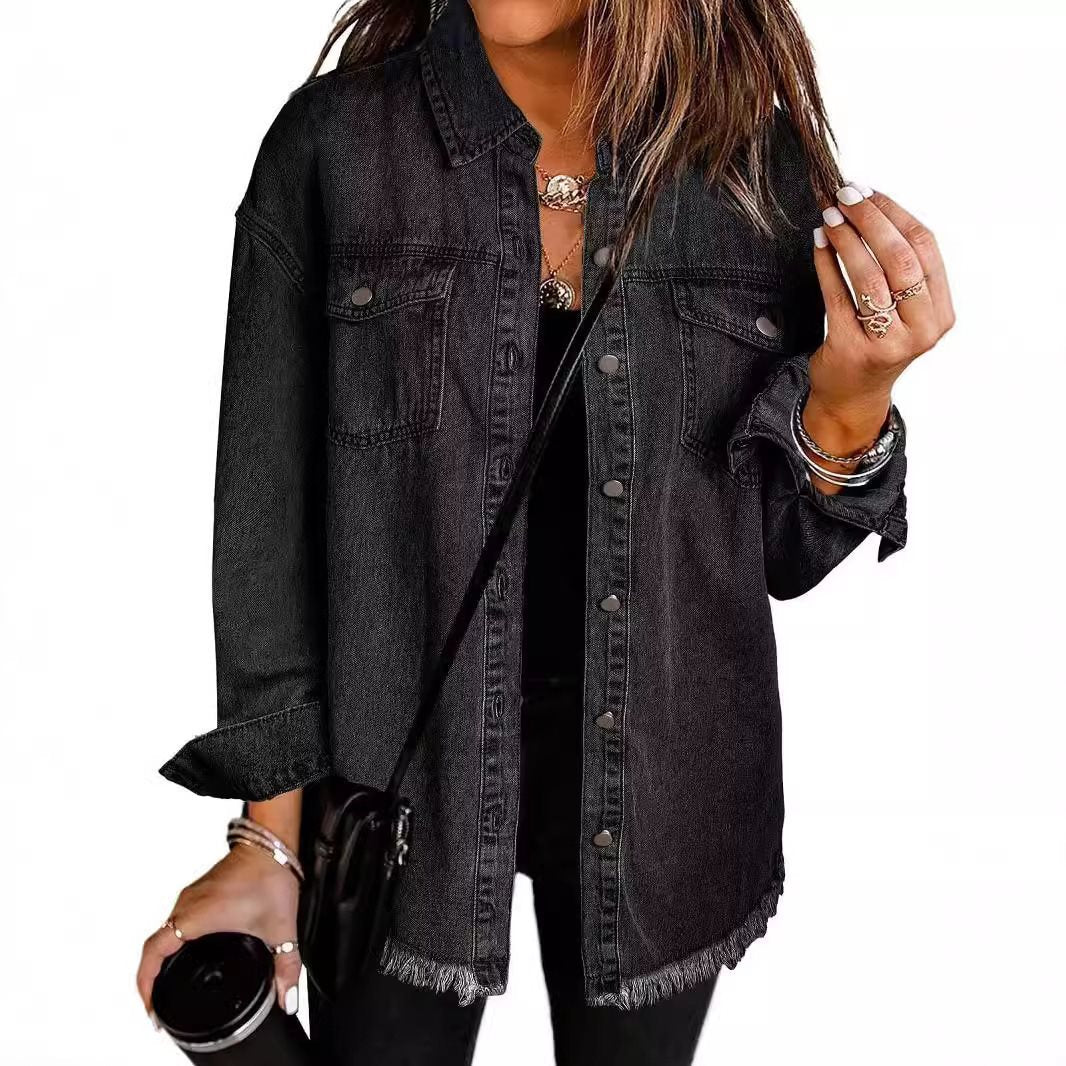 Damen lässige Jeansjacke mit fransigen Säumen und aufgesetzten Taschen Stalluxe