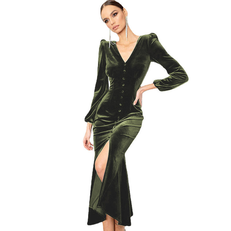 Damen Elegantes Maxikleid mit tiefem V-Ausschnitt und Knopfdetail Stalluxe