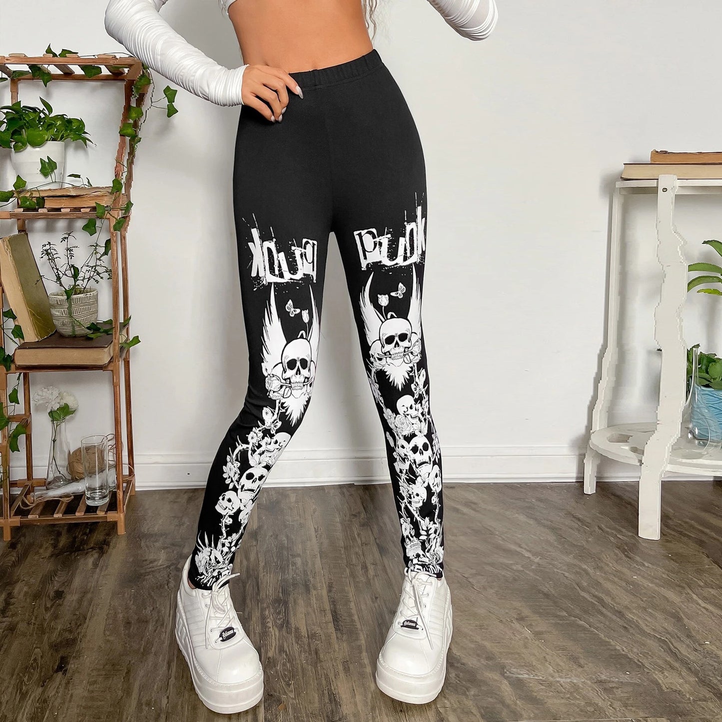 Damen Leggings mit auffälligem Totenkopf- und floralem Design Stalluxe