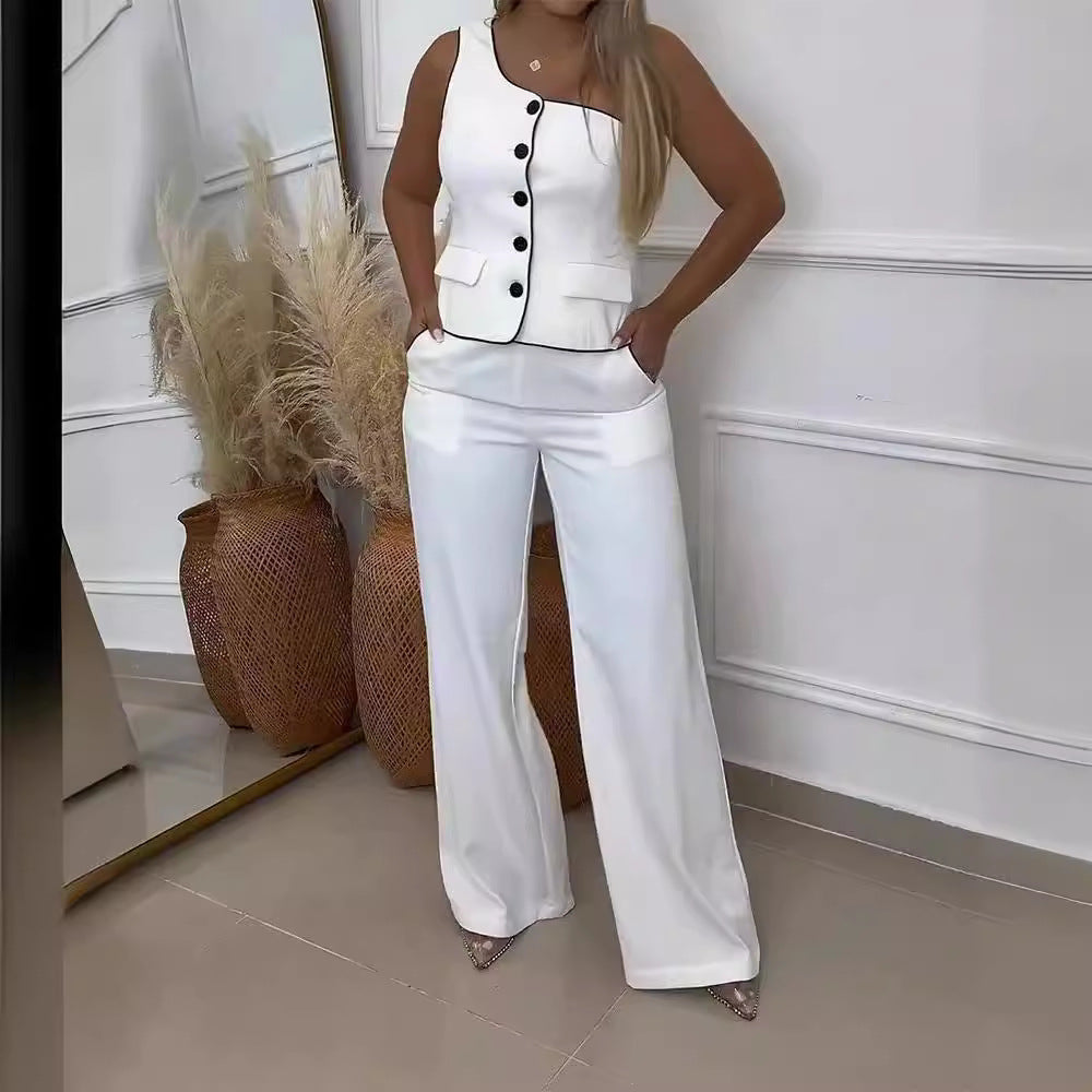 Damen elegante Kombination mit ärmelloser Bluse und weitem Hosendesign Stalluxe
