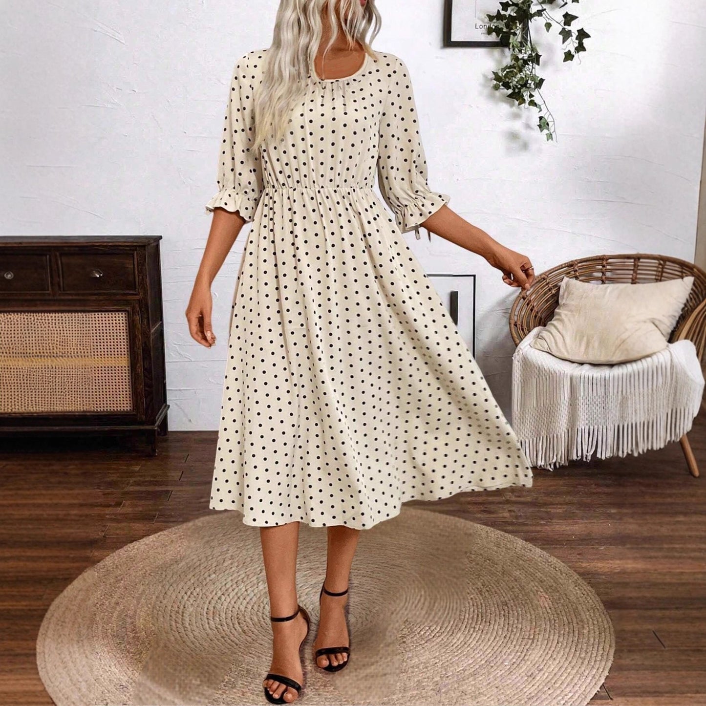 Damen Midikleid mit dekorativen Puffärmeln und elastischem Taillenbund Stalluxe