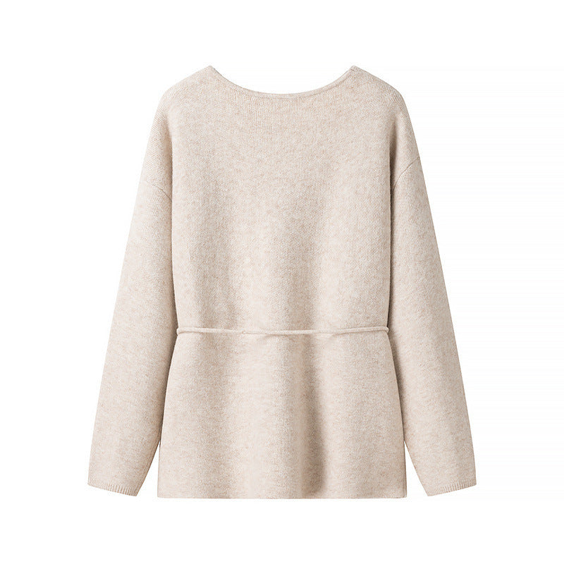 Damen lockere Strickjacke mit Taillenschnürung und weitem V-Ausschnitt Stalluxe