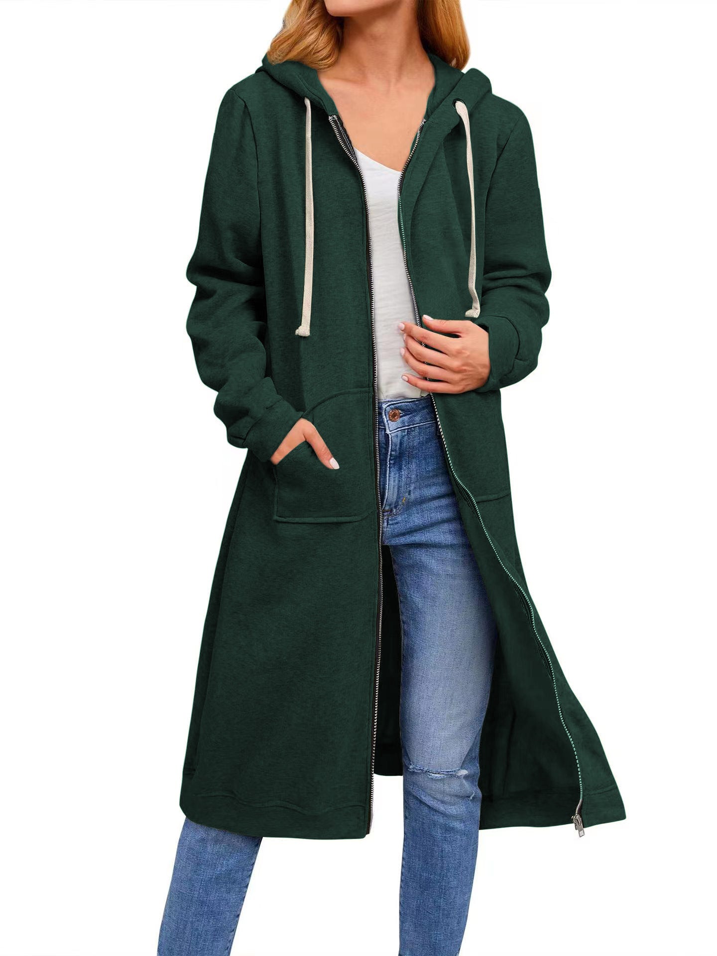 Damen lange Kapuzenjacke mit Reißverschluss und praktischen Taschen Stalluxe