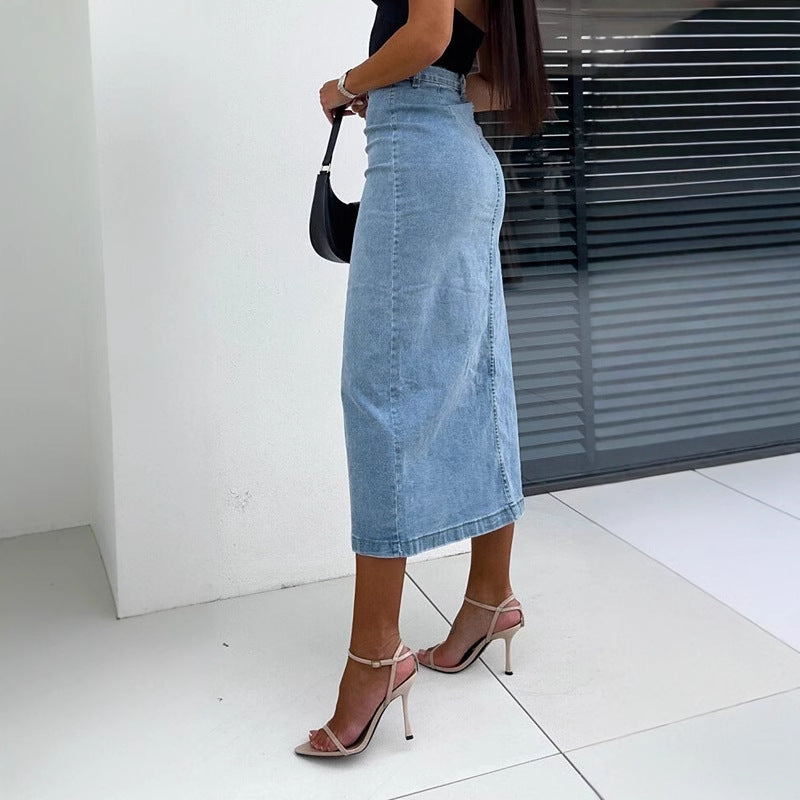 Damen Denim-Midirock mit seitlichem Schlitz und Knopfdetails Stalluxe