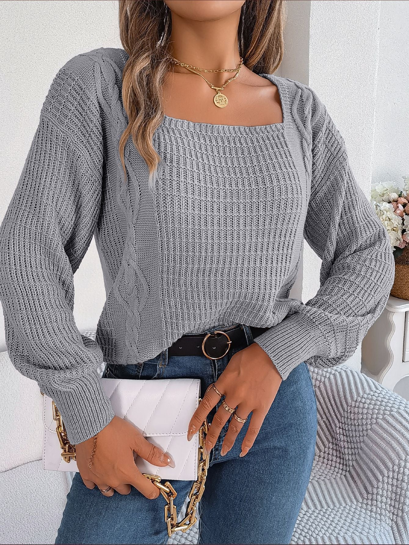 Damen Grobstrickpullover mit quadratischem Ausschnitt und voluminösen Ärmeln Stalluxe