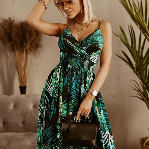 Damen Maxikleid mit eleganter Wickeloptik und tropischem Blattmuster Stalluxe