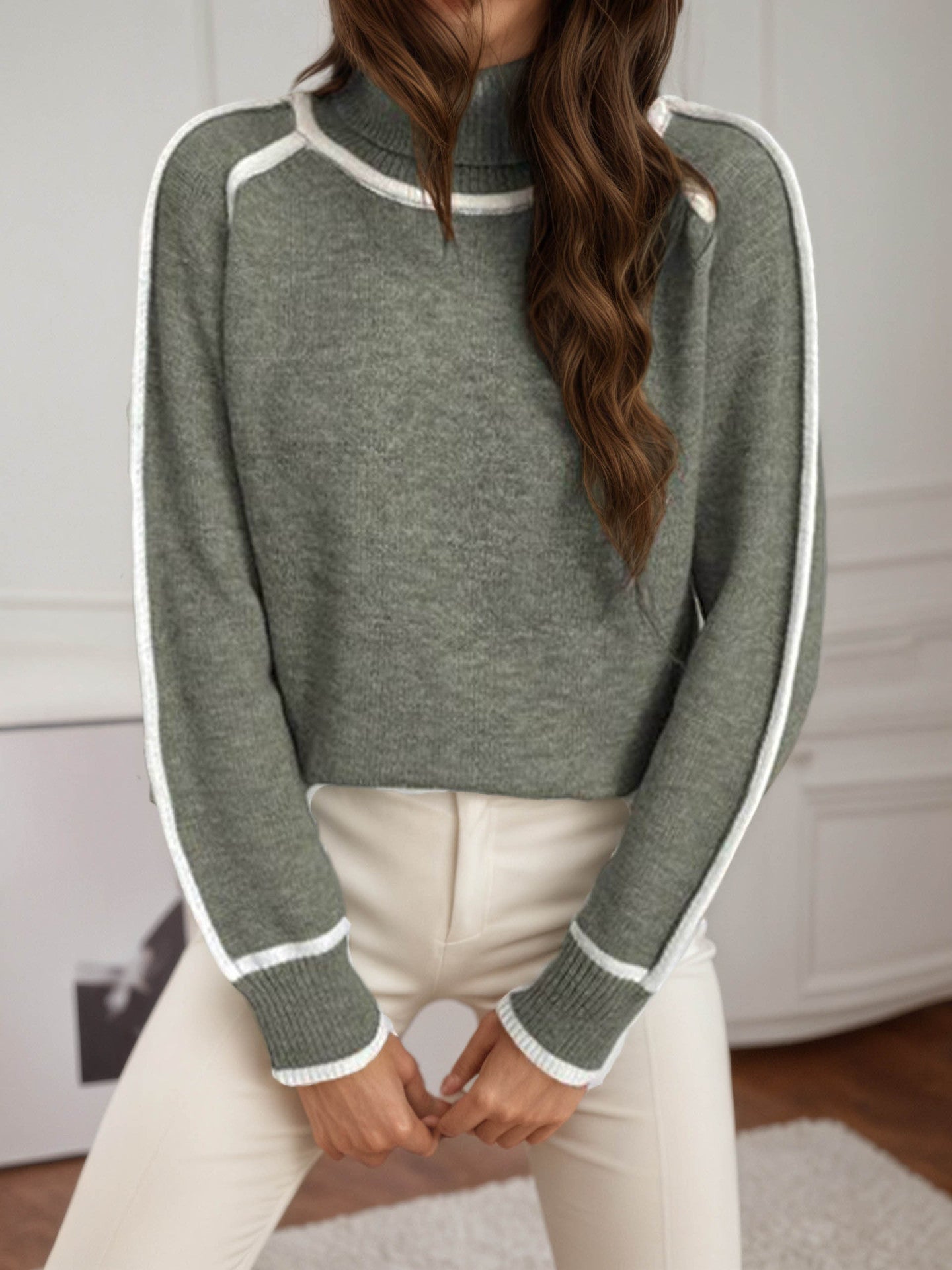 Damen Pullover mit hochgeschlossenem Kragen und kontrastierendem Streifen Stalluxe