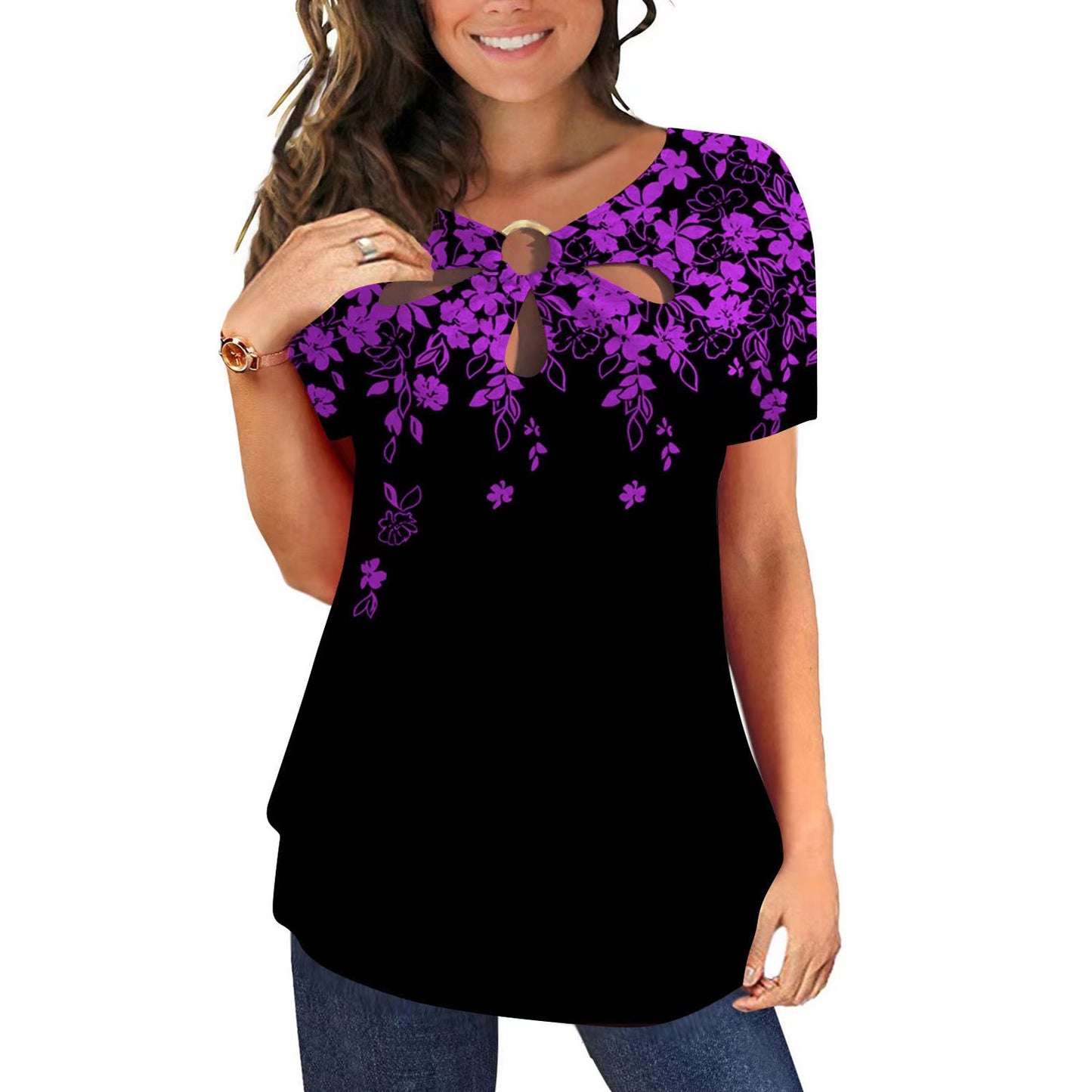 Damen elegantes Oberteil mit floralem Cut-Out-Design und glänzendem Ringeinsatz Stalluxe