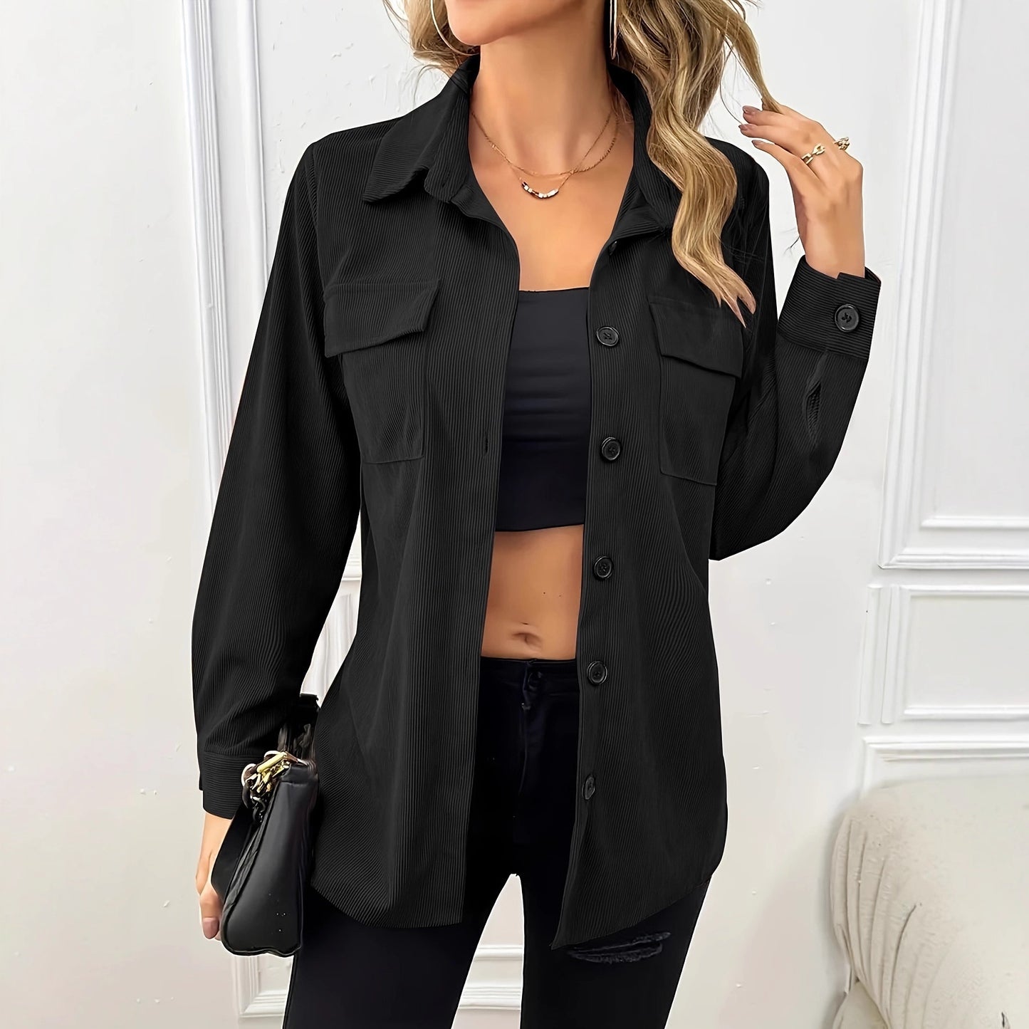Damen lässige Cordjacke mit praktischen Taschen und Knopfverschluss Stalluxe