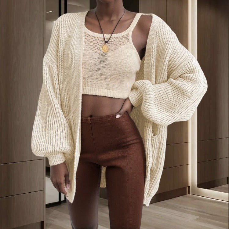 Damen Offener Strickcardigan mit voluminösen Ärmeln und praktischen Taschen Stalluxe