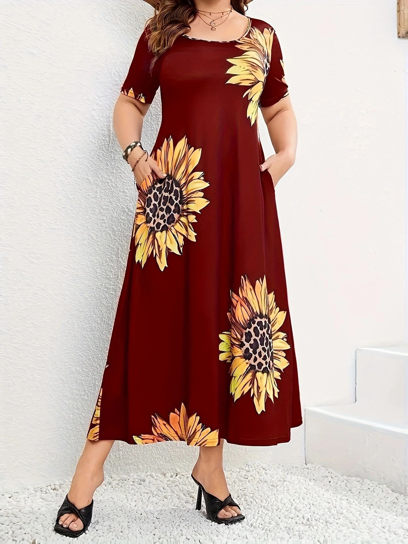 Damen Sommerliches Maxikleid mit floralem Sonnenblumenmuster und praktischen Taschen Stalluxe