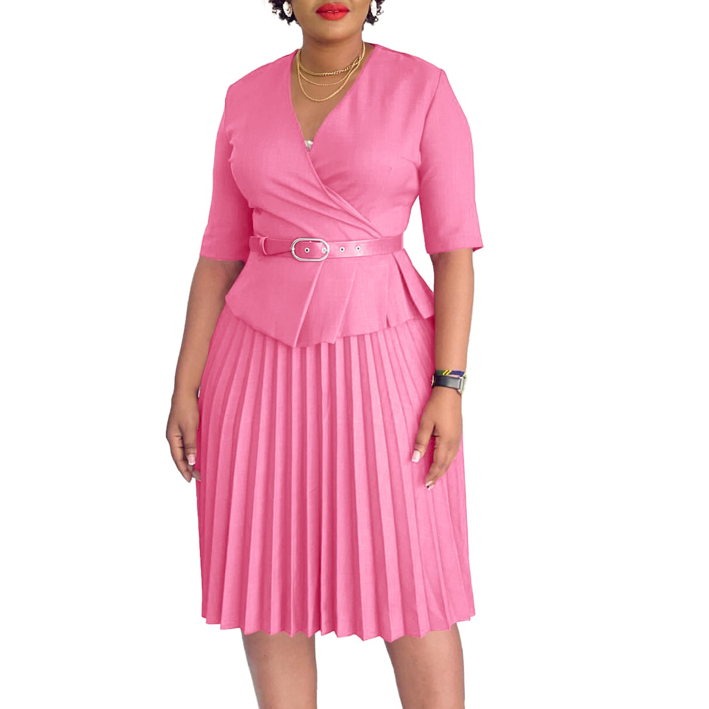 Damen Plissiertes Wickelkleid mit eleganter Taillierung und Gürtel Stalluxe