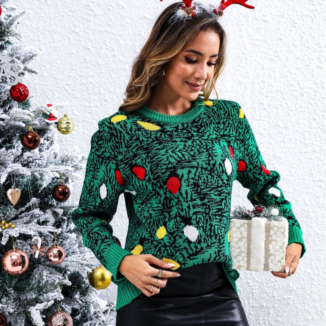 Damen Festlicher Strickpullover mit buntem Weihnachtsbaum-Motiv Stalluxe