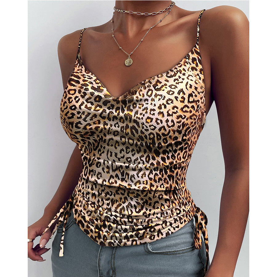 Damen modisches Satin-Spaghetti-Top mit Leopardenmuster und verstellbaren Rädchen Stalluxe