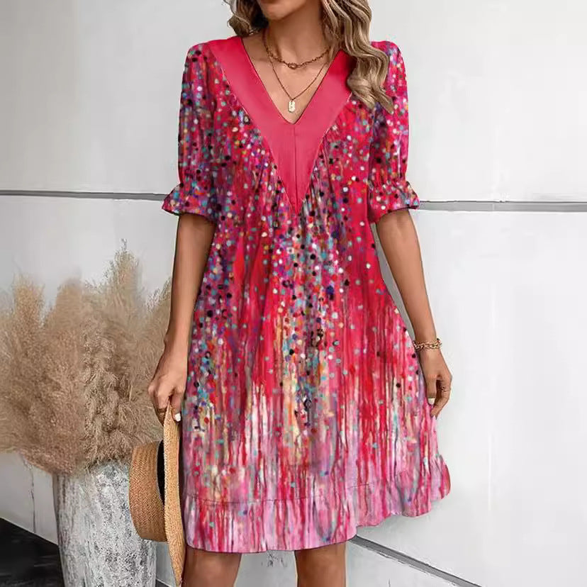Damen Freizeitkleid mit tiefem V-Ausschnitt und modischen Puffärmeln Stalluxe