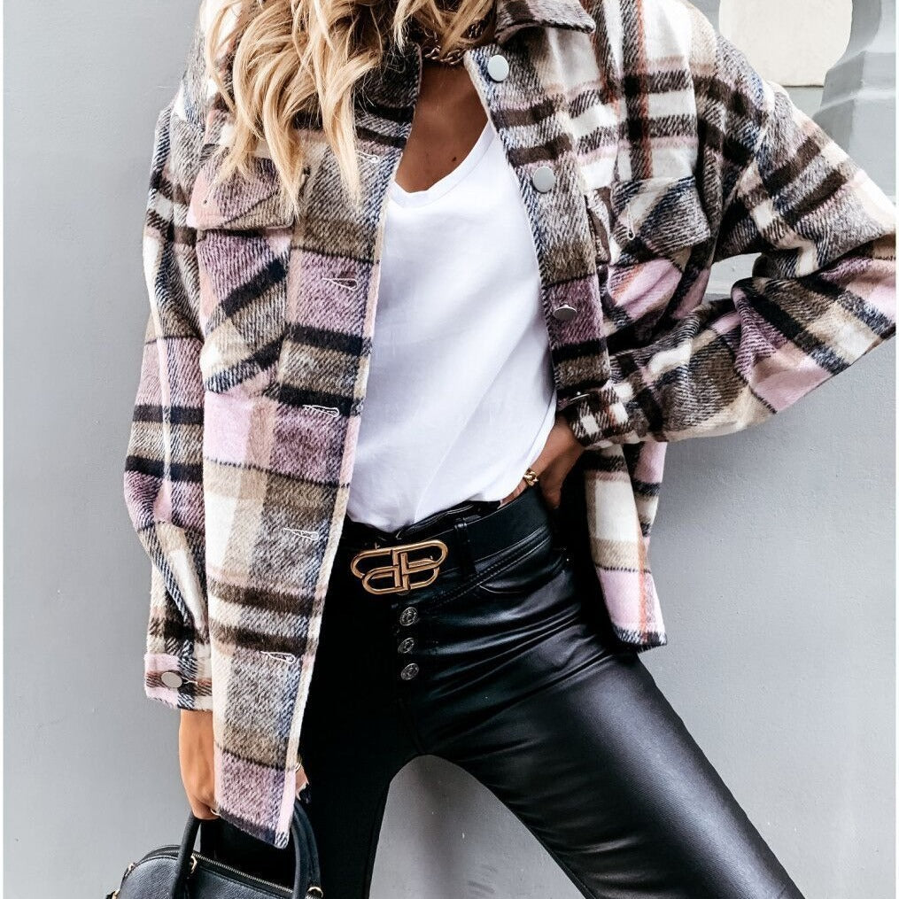 Damen Karo-Hemdenjacke im Oversized-Stil mit Druckknopfverschluss Stalluxe