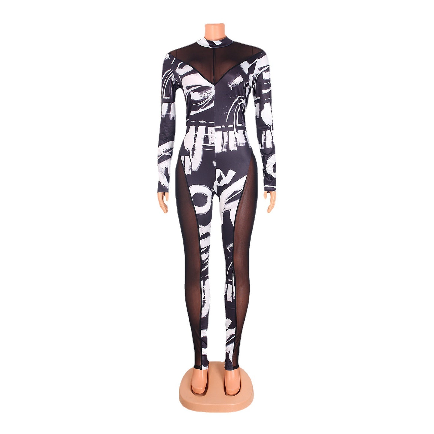Damen Eleganter Jumpsuit mit transparenten Einsätzen und grafischem Print Stalluxe