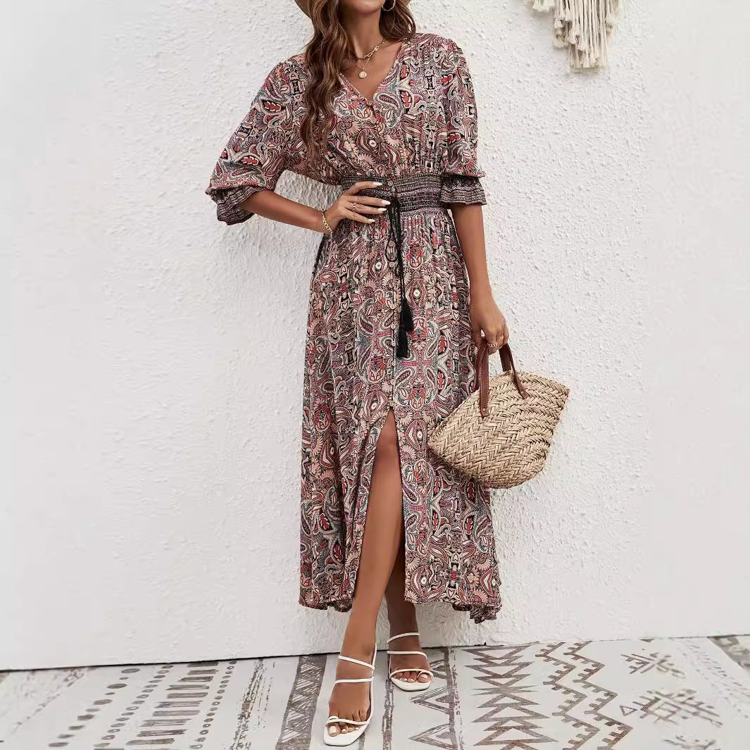 Damen Maxikleid mit verspieltem Paisley-Muster und seitlichem Schlitz Stalluxe