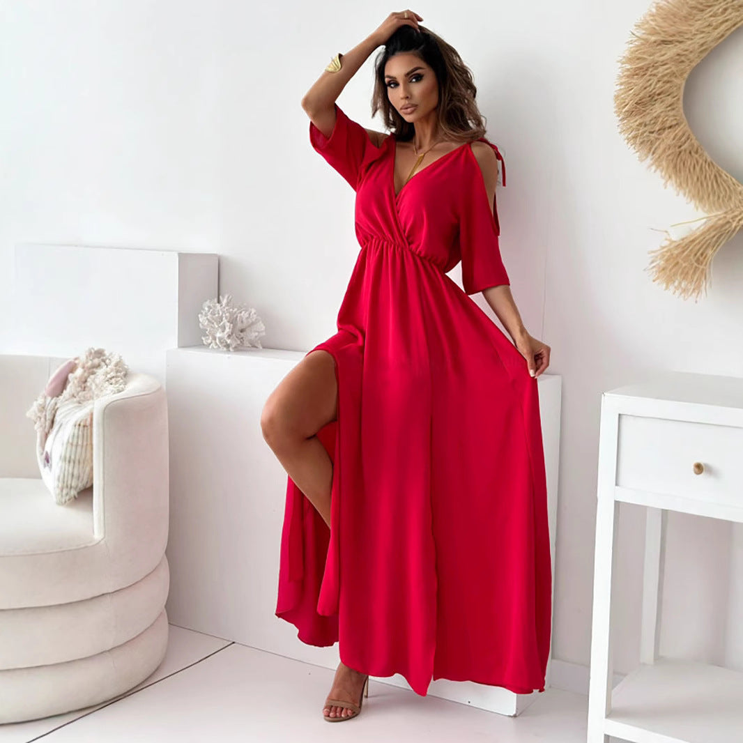 Damen Maxikleid mit schulterfreier Optik und elegantem V-Ausschnitt Stalluxe