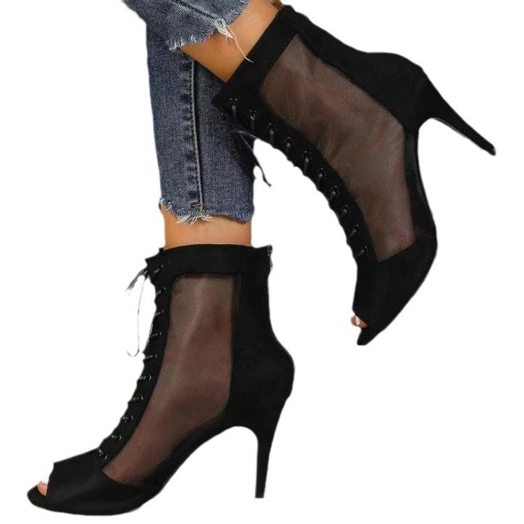 Damen Halboffene High Heel Stiefel mit transparentem Seiteneinsatz und Schnürung Stalluxe