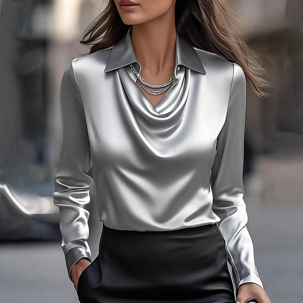 Damen Elegante Bluse mit gefälteltem Halsausschnitt und langen Ärmeln Stalluxe