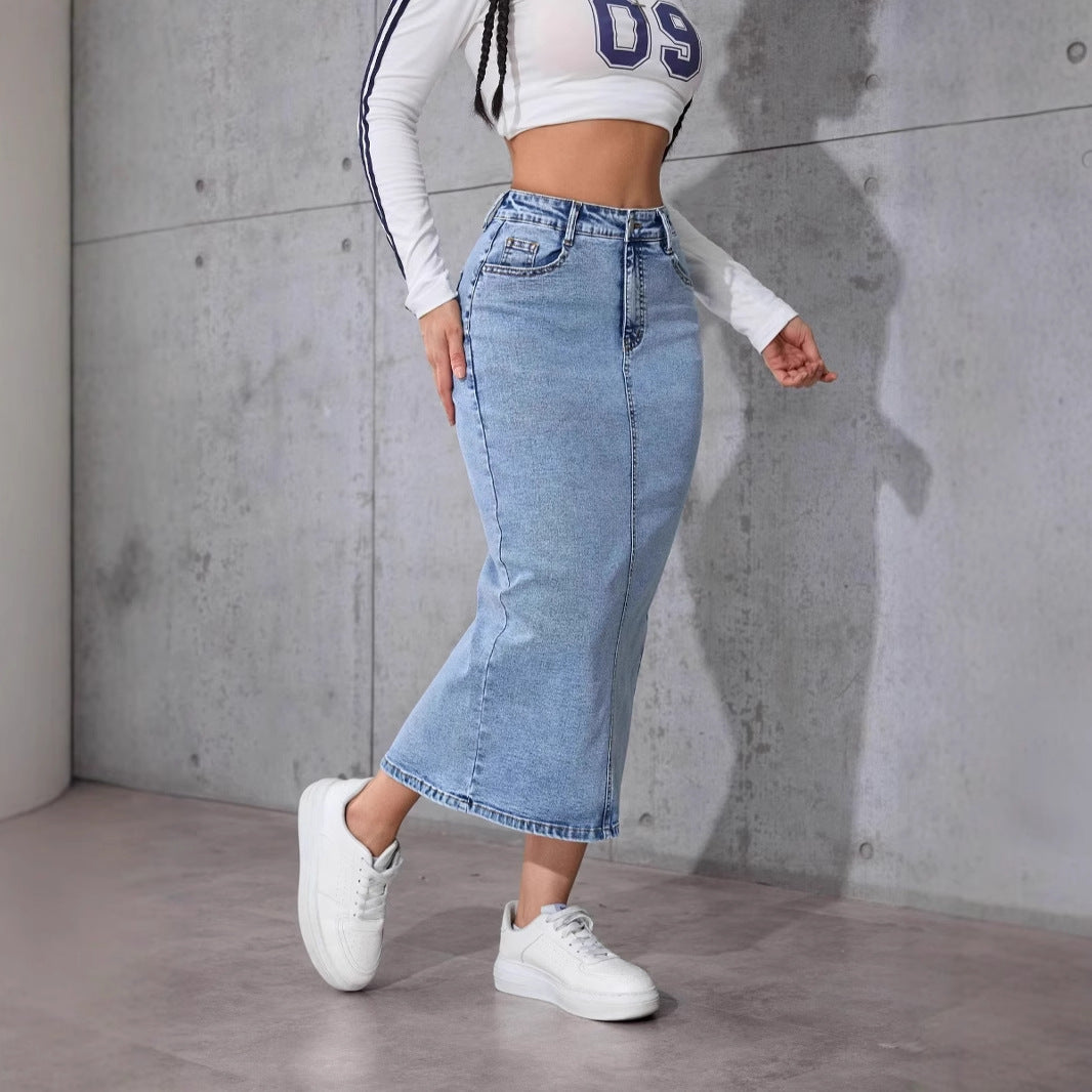 Damen Langer Jeansrock mit hohem Bund Stalluxe