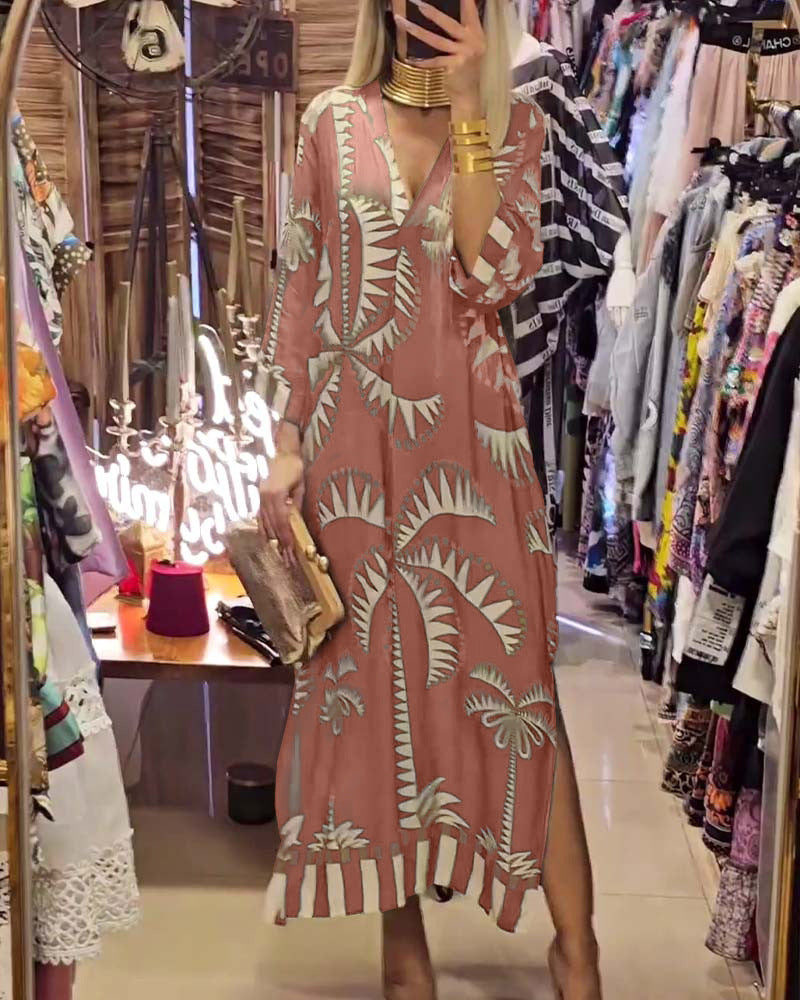 Damen Maxikleid mit weitem Schnitt und modischem Palmenmuster Stalluxe