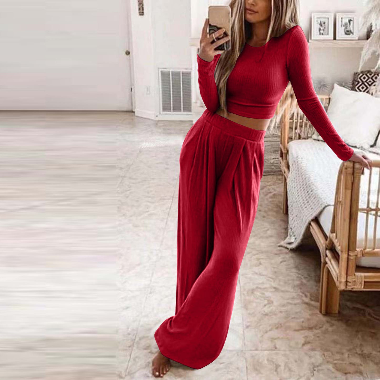 Damen Elegantes Lounge-Set mit langärmeligem Oberteil und weiten Hosen Stalluxe