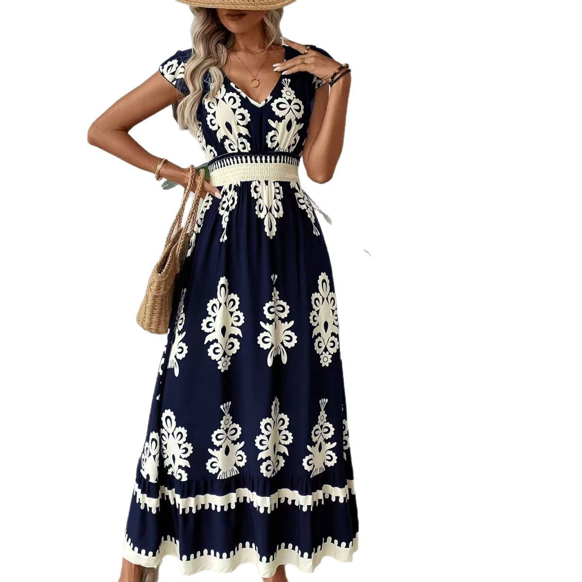 Damen Maxikleid mit stilvollem V-Ausschnitt und kontrastreichem Druck Stalluxe