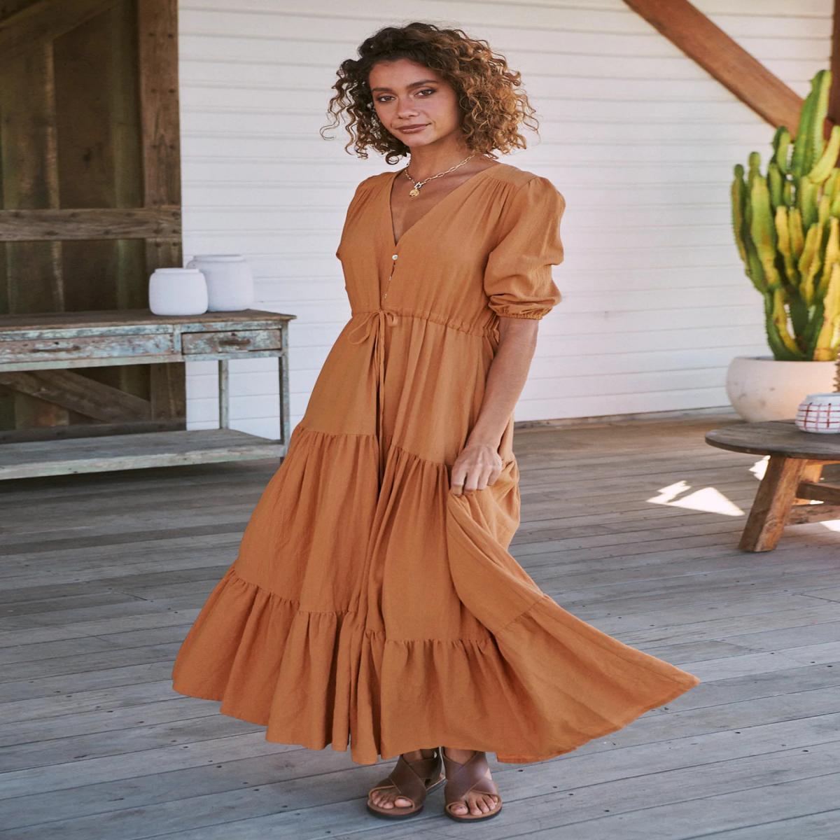 Damen Maxi Kleid mit V-Ausschnitt und Ballonärmeln Stalluxe