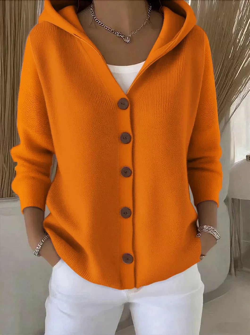 Damen lässige Strickjacke mit Kapuze und Knopfverschluss Stalluxe