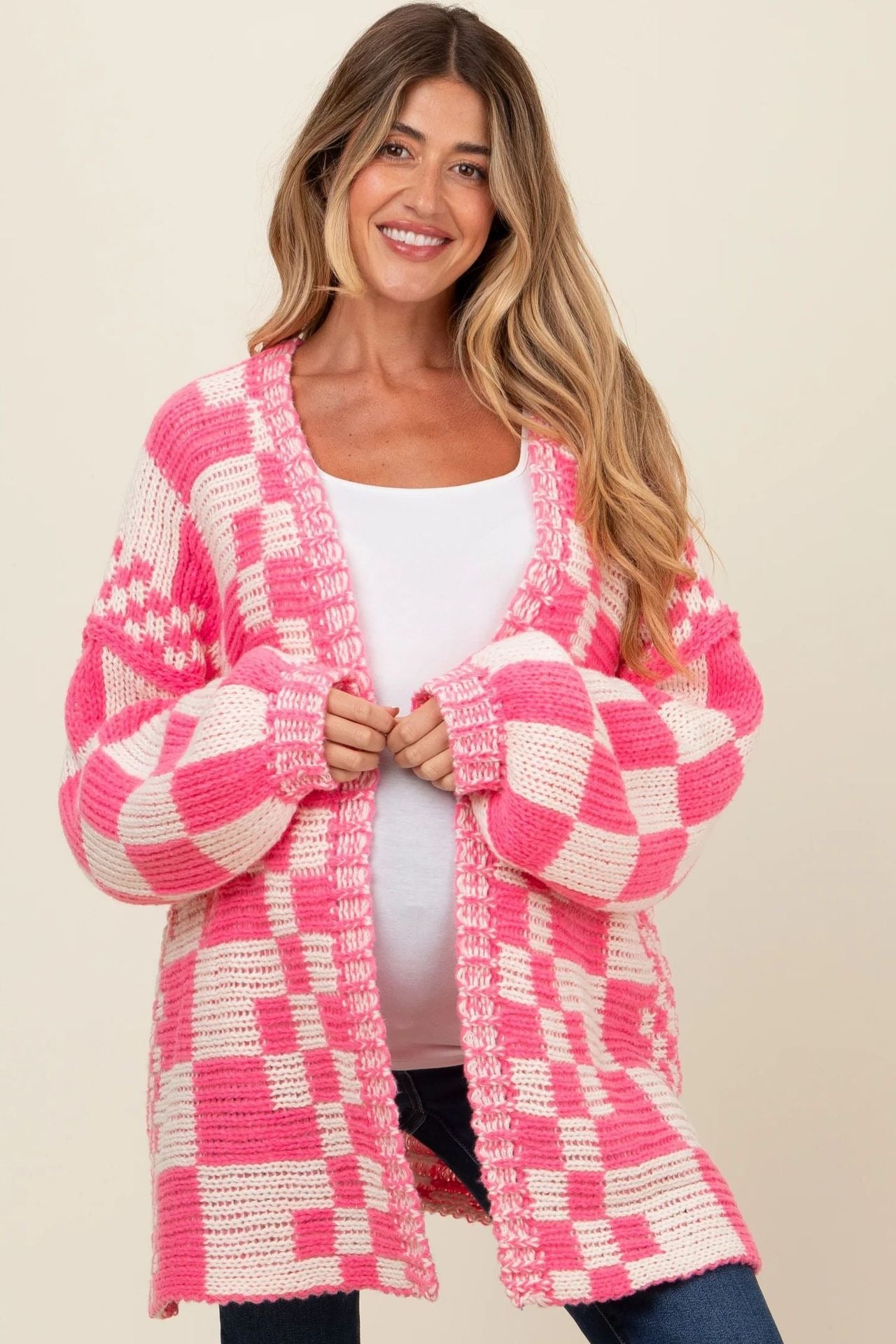 Damen Übergroße Karomuster-Strickjacke mit Taschen Stalluxe