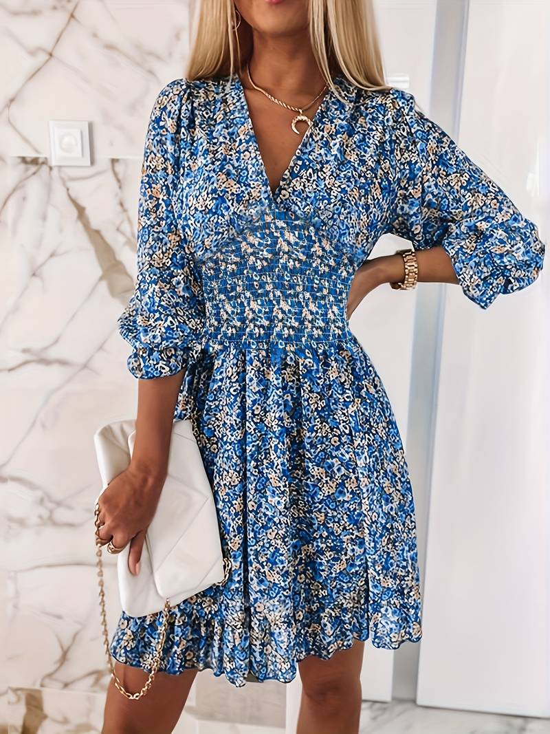 Damen Blumenmuster Mini-Kleid mit V-Ausschnitt und elastischem Bund Stalluxe