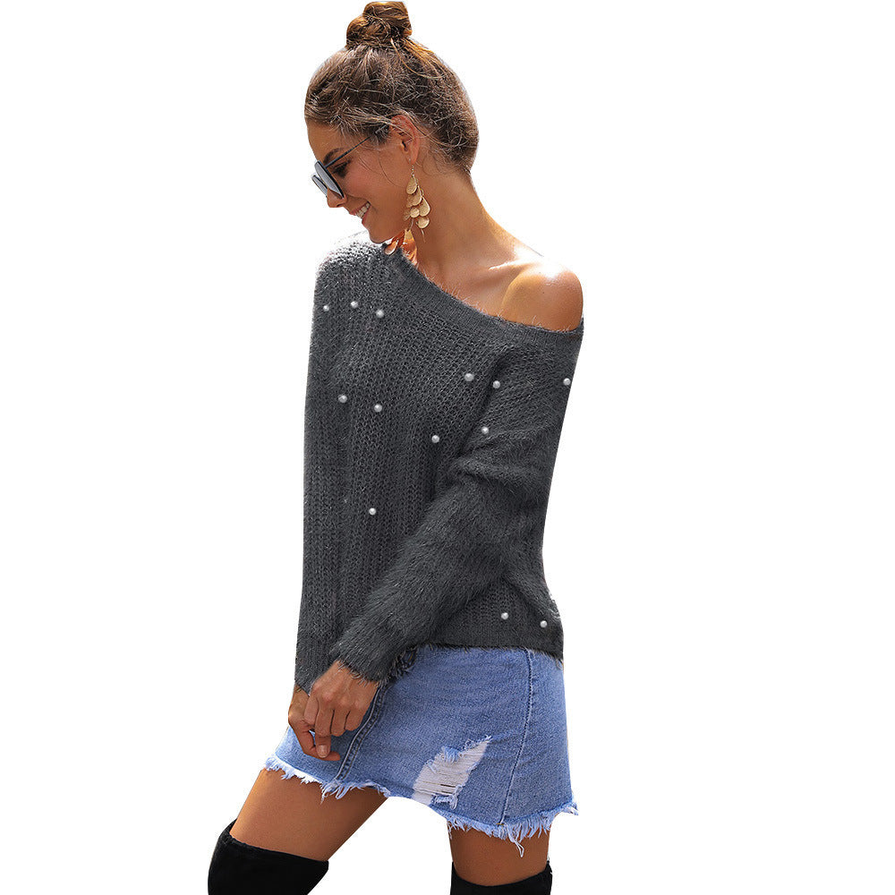 Damen Eleganter und lockerer Pullover mit Schulterfreiem Design und Perlenverzierung Stalluxe